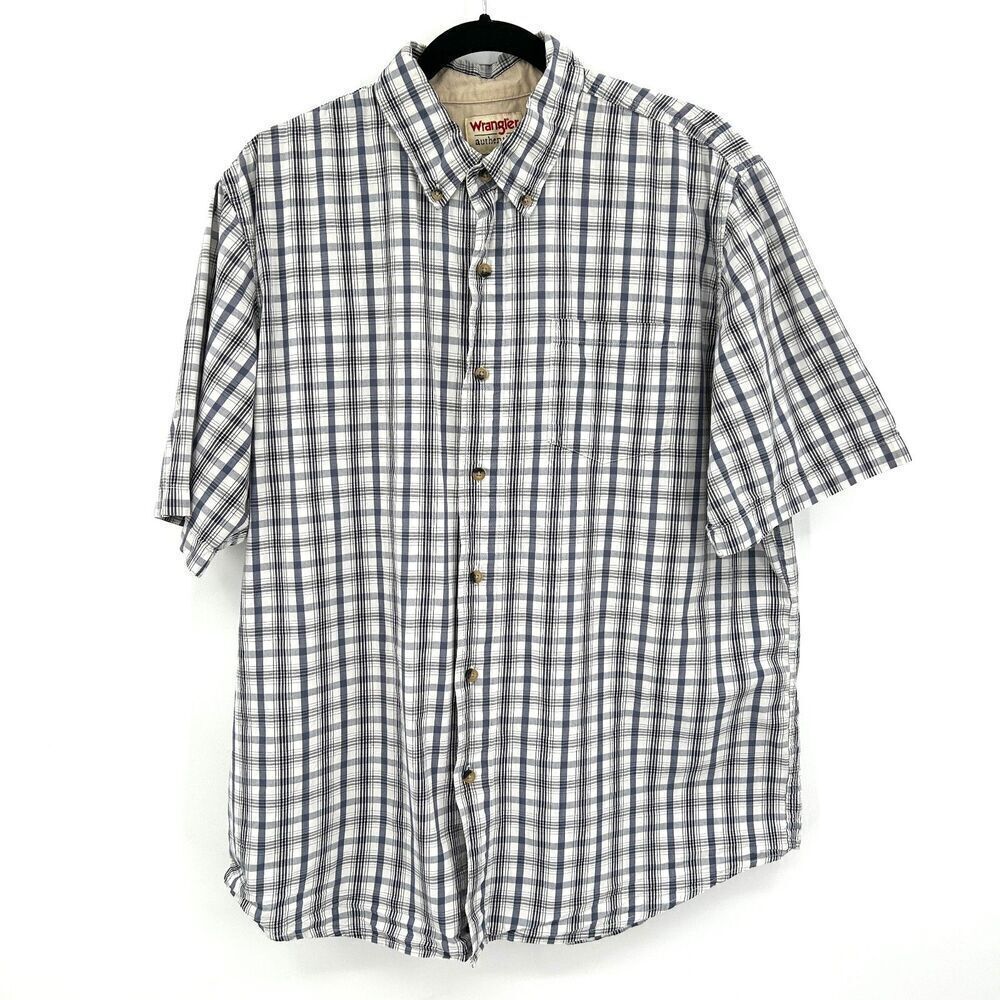 WRANGLER Men's Gray White Plaid Light Cotton Button Up Short Sleeve Shirt Large